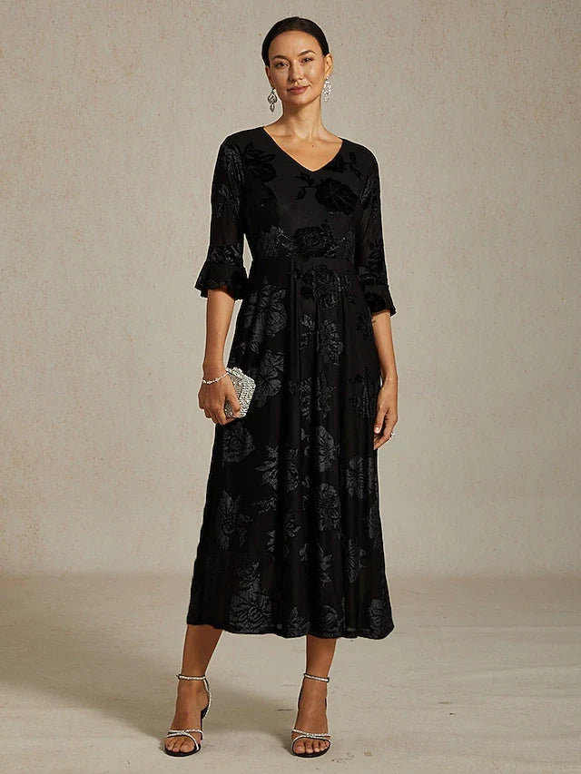 Elegant A-Line V-Neck Three-Quarter Sleeve Floral Black Midi Prom Dress