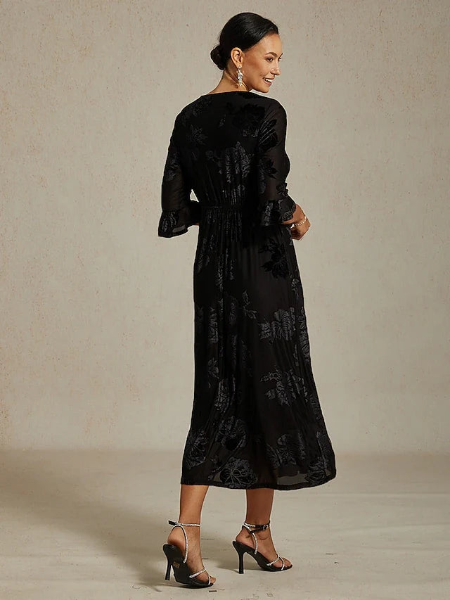 Elegant A-Line V-Neck Three-Quarter Sleeve Floral Black Midi Prom Dress