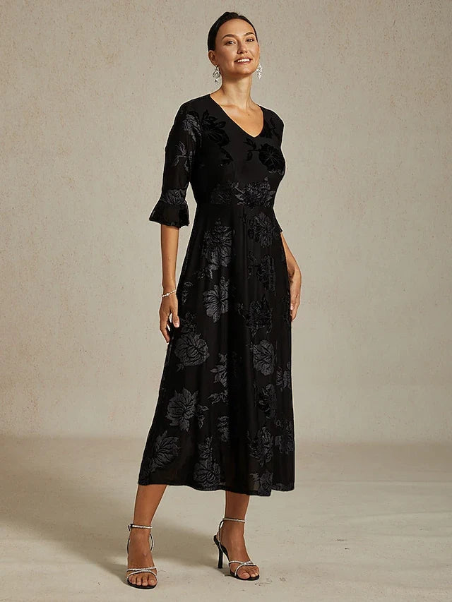 Elegant A-Line V-Neck Three-Quarter Sleeve Floral Black Midi Prom Dress