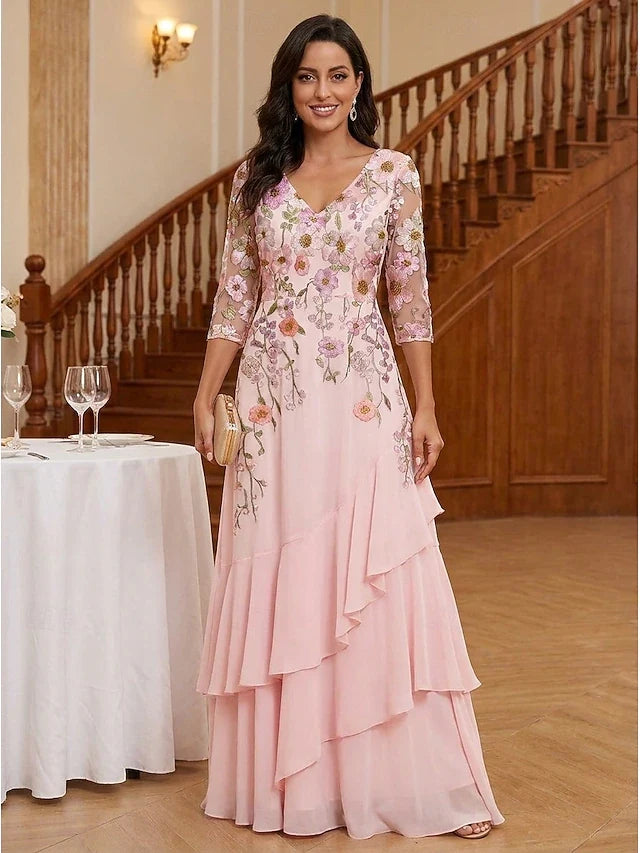 Elegant A-Line V-Neck Three-Quarter Sleeve Floral Ruffled Pink Floor-Length Prom Dresses