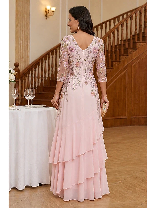 Elegant A-Line V-Neck Three-Quarter Sleeve Floral Ruffled Pink Floor-Length Prom Dresses