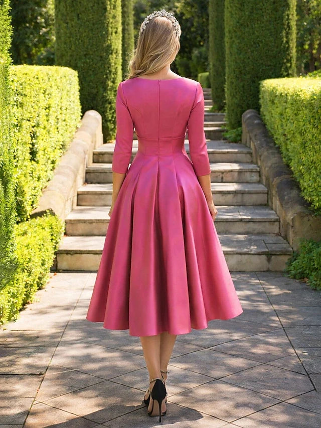 Elegant A-Line V-Neck Three-Quarter Sleeve Hot Pink Midi Prom Dresses Gown