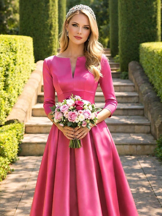 Elegant A-Line V-Neck Three-Quarter Sleeve Hot Pink Midi Prom Dresses Gown