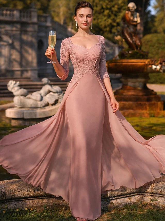 Elegant Beaded Applique Illusion Sweetheart Three-Quarter Dusty Rose Floor-Length Prom Gown