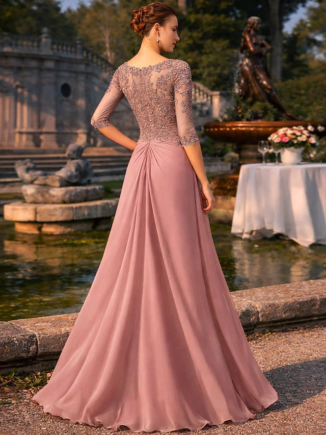 Elegant Beaded Applique Illusion Sweetheart Three-Quarter Dusty Rose Floor-Length Prom Gown