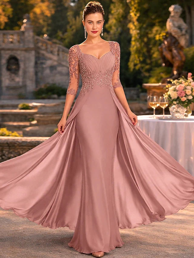 Elegant Beaded Applique Illusion Sweetheart Three-Quarter Dusty Rose Floor-Length Prom Gown
