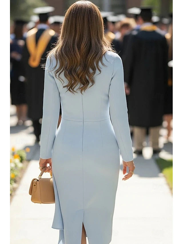 Elegant Bodycon Round Neck Long Sleeve Draped Light Blue Midi Prom Dress