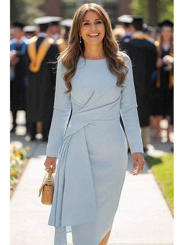 Elegant Bodycon Round Neck Long Sleeve Draped Light Blue Midi Prom Dress