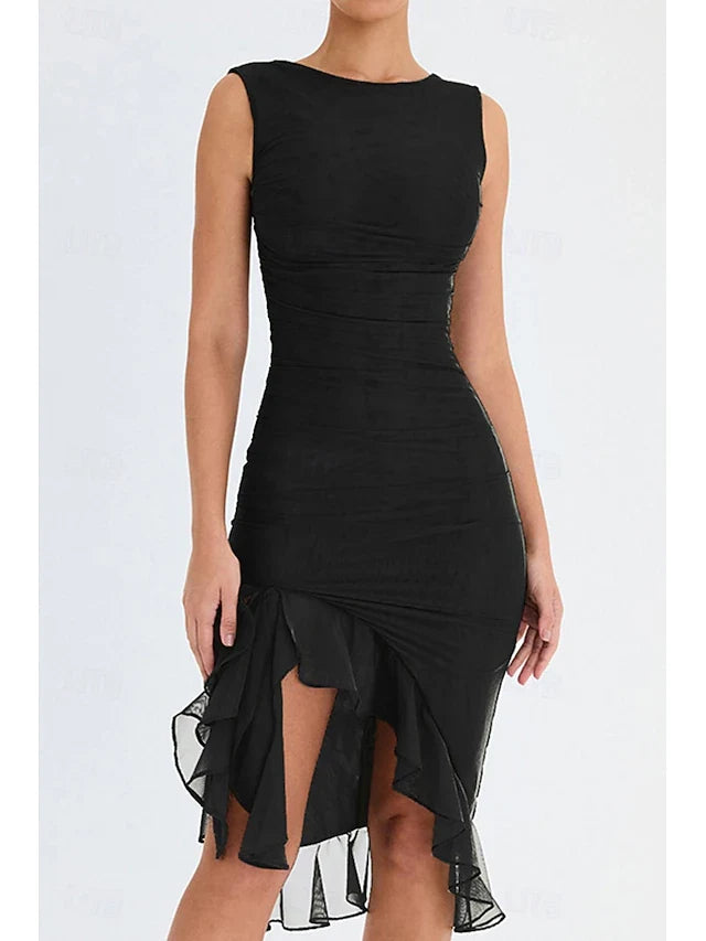 Elegant Bodycon Sleeveless Ruched Ruffled Black Midi Homecoming Dress