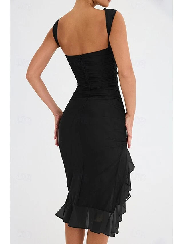 Elegant Bodycon Sleeveless Ruched Ruffled Black Midi Homecoming Dress