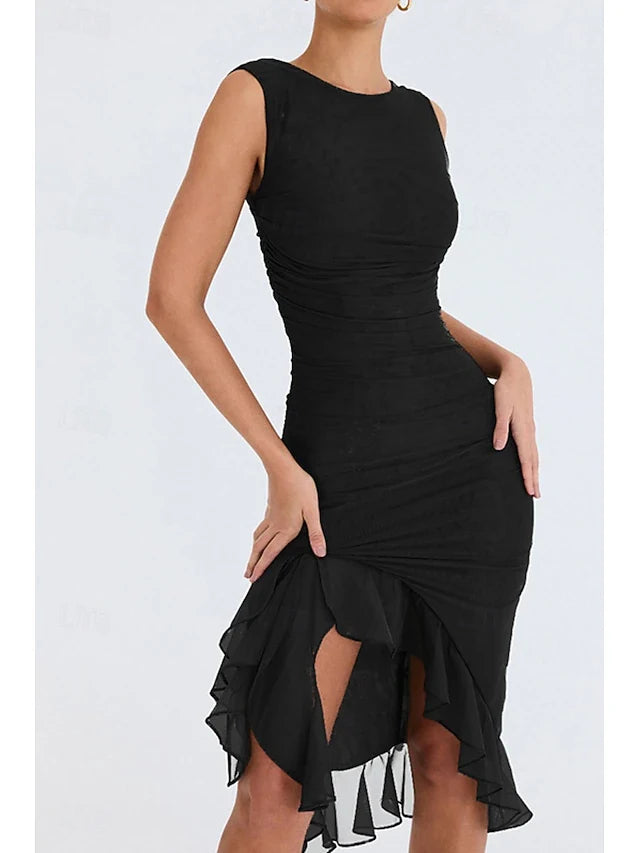 Elegant Bodycon Sleeveless Ruched Ruffled Black Midi Homecoming Dress