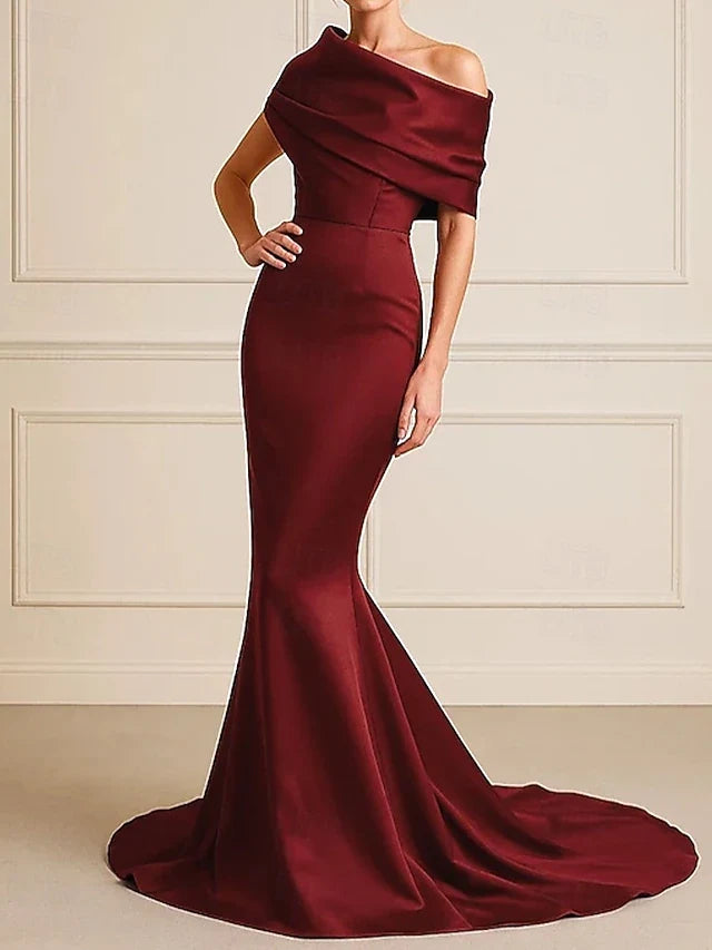 Elegant Draped Off-Shoulder Mermaid Fitted Burgundy Floor-Length Prom Gown