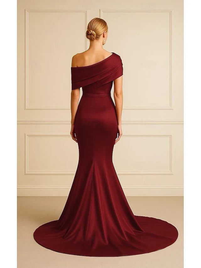 Elegant Draped Off-Shoulder Mermaid Fitted Burgundy Floor-Length Prom Gown