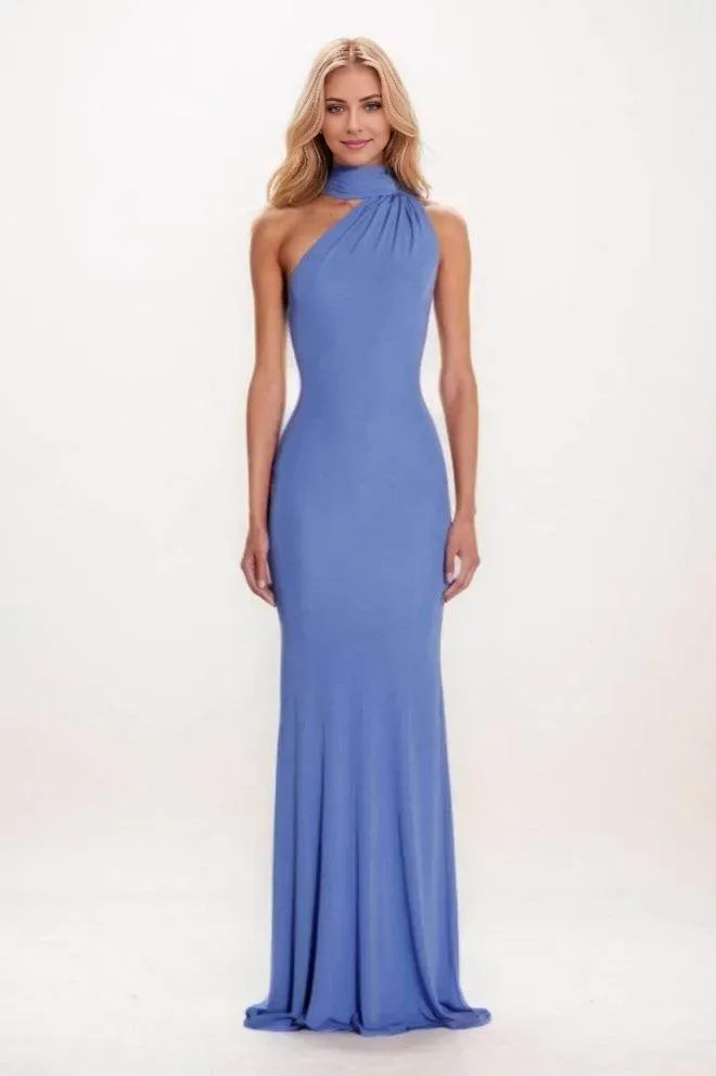 Elegant Dusty Blue Mermaid Halter-Neck Sleeveless Backless Floor-Length Ruched Prom Dress