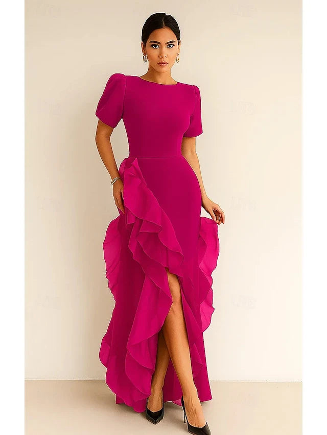 Elegant Fitted Boat Neck Short Sleeve Ruffled Fuchsia Floor-Length Prom Gown