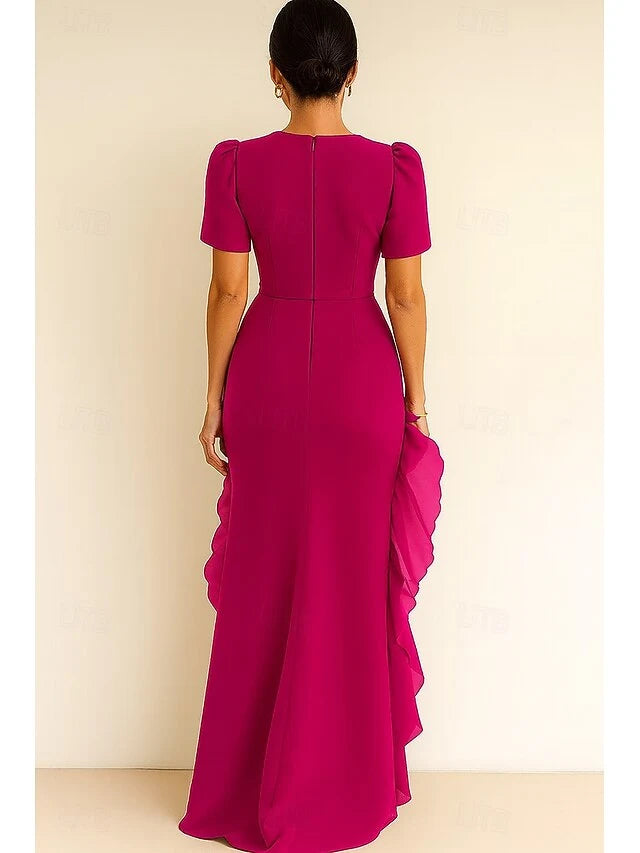 Elegant Fitted Boat Neck Short Sleeve Ruffled Fuchsia Floor-Length Prom Gown