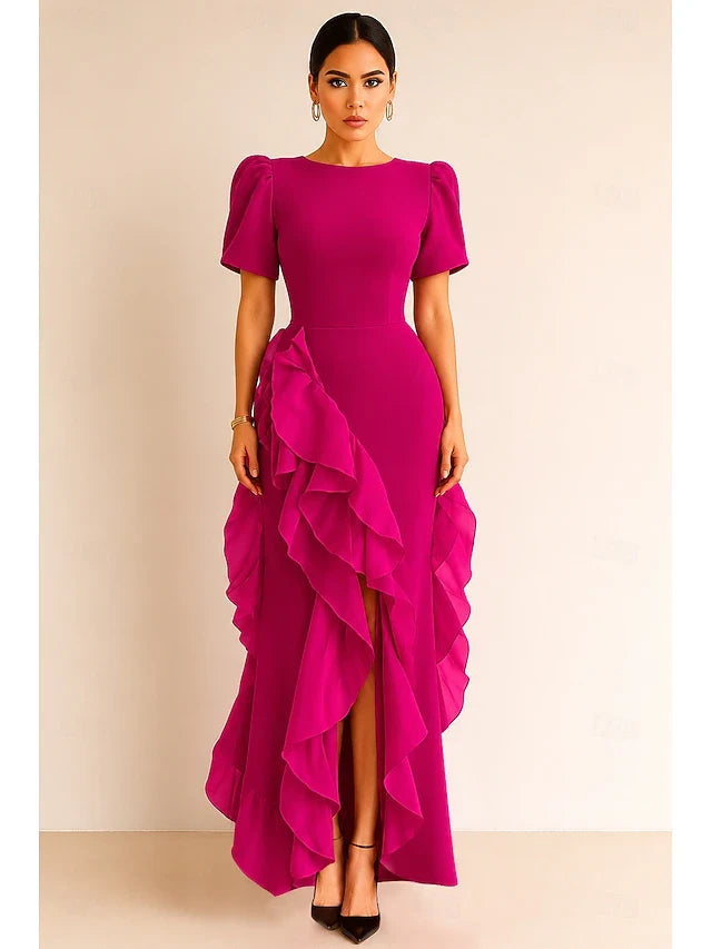 Elegant Fitted Boat Neck Short Sleeve Ruffled Fuchsia Floor-Length Prom Gown