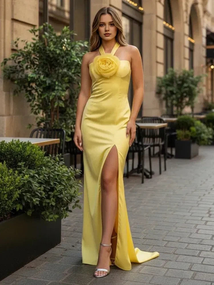 Elegant Fitted Halter Sleeveless Floral Slit Yellow Floor-Length Women's Prom Gown