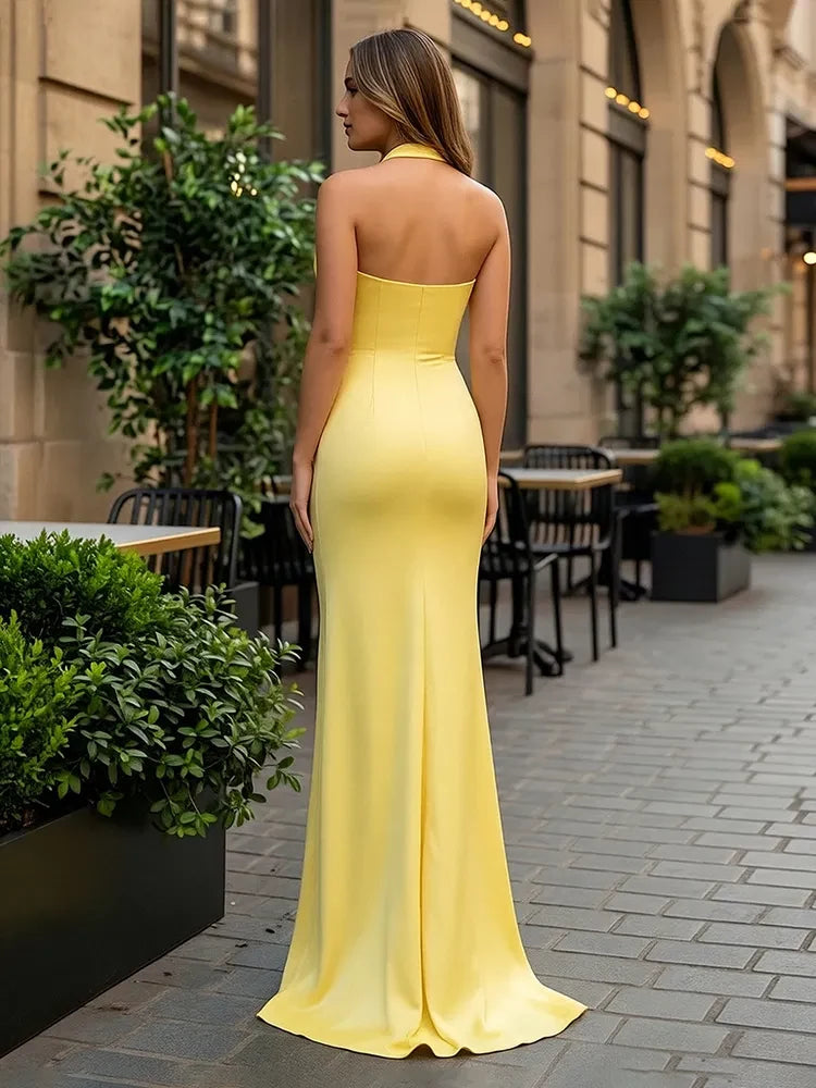 Elegant Fitted Halter Sleeveless Floral Slit Yellow Floor-Length Women's Prom Gown