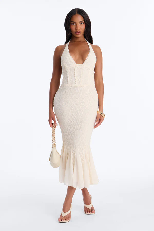 Elegant Fitted Halter Sleeveless Lace Ruffled Cream Midi Prom Dress Women's Gown