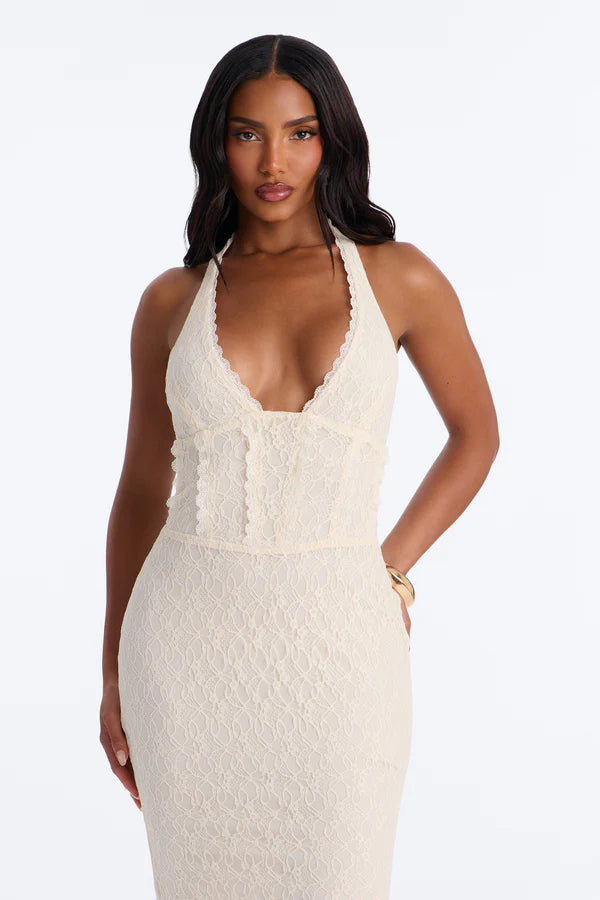 Elegant Fitted Halter Sleeveless Lace Ruffled Cream Midi Prom Dress Women's Gown