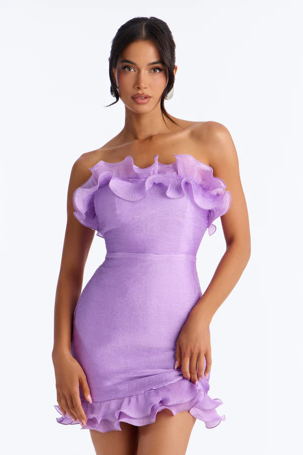 Elegant Fitted Strapless Ruffled Pleated Lavender Mini Homecoming Dress