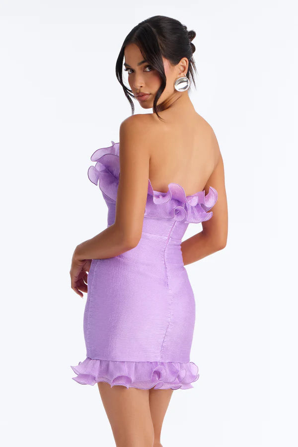 Elegant Fitted Strapless Ruffled Pleated Lavender Mini Homecoming Dress