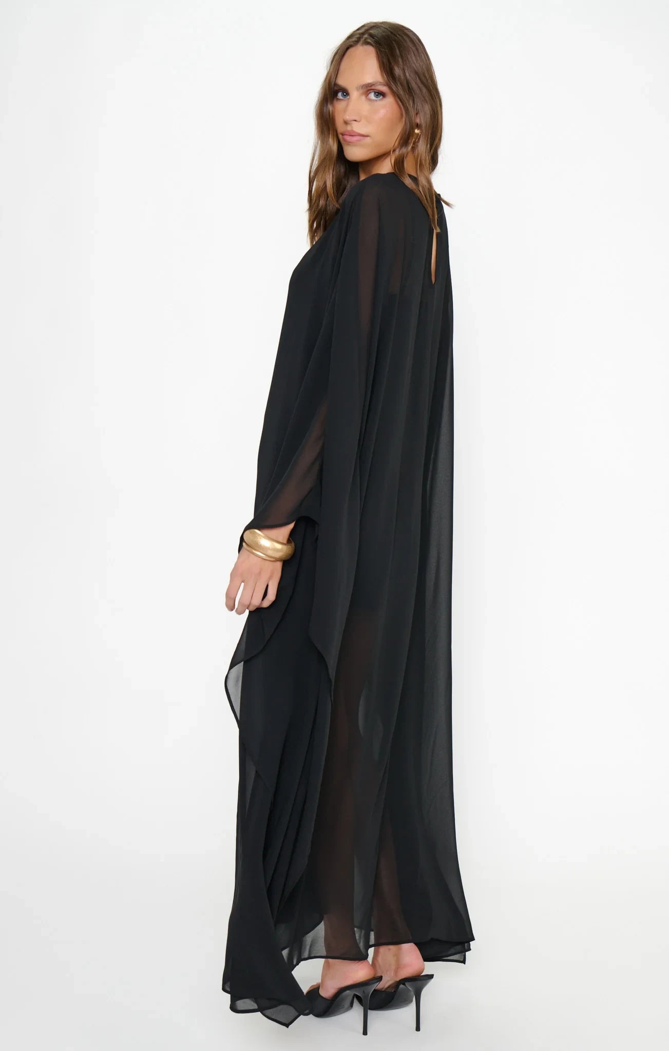 Elegant Flowy Boat Neck Long Sleeve Sheer Black Maxi Prom Dress Women's Gown