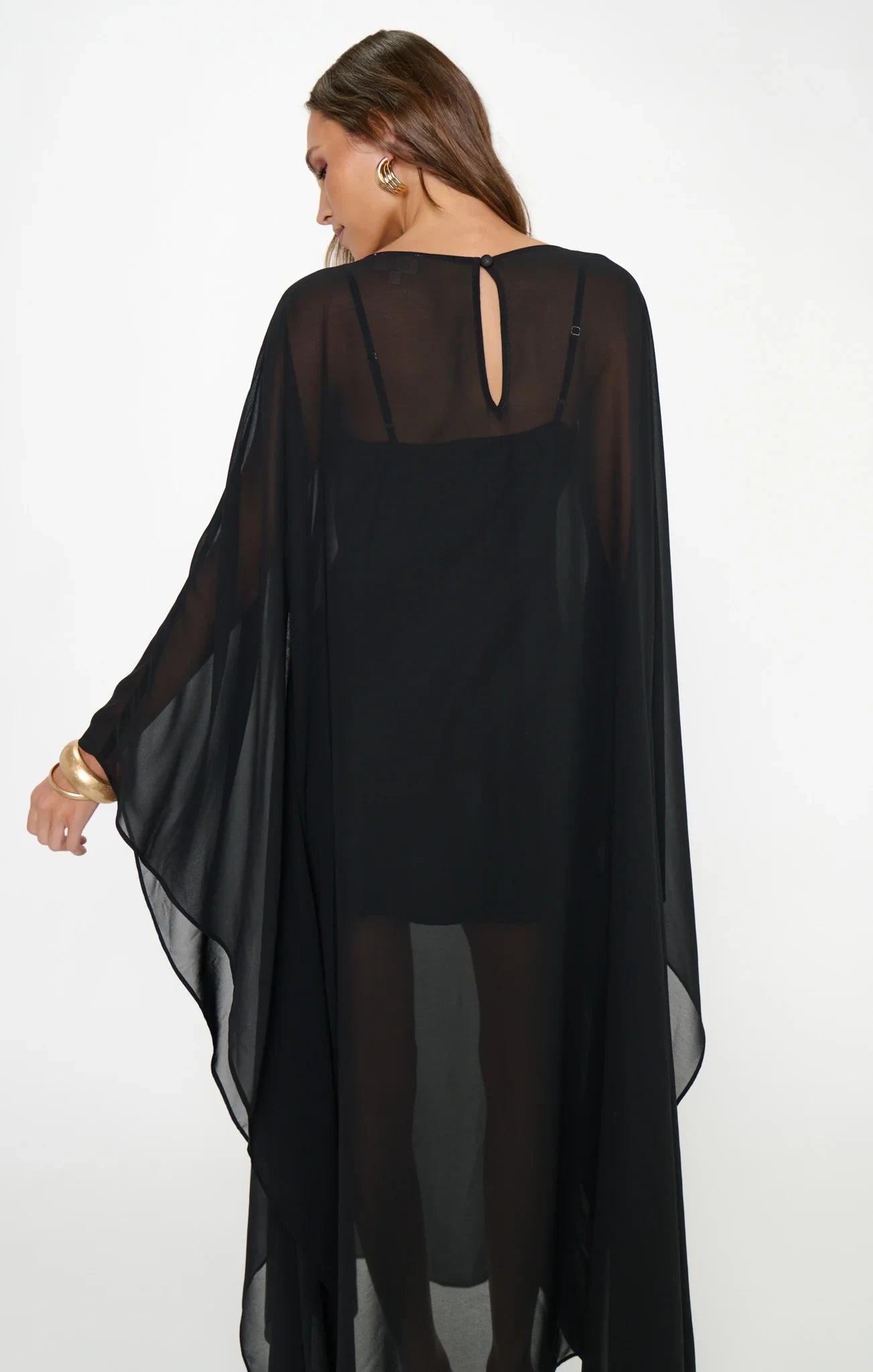 Elegant Flowy Boat Neck Long Sleeve Sheer Black Maxi Prom Dress Women's Gown