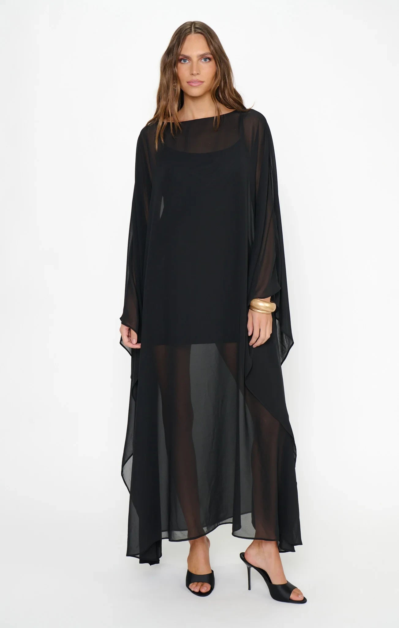 Elegant Flowy Boat Neck Long Sleeve Sheer Black Maxi Prom Dress Women's Gown