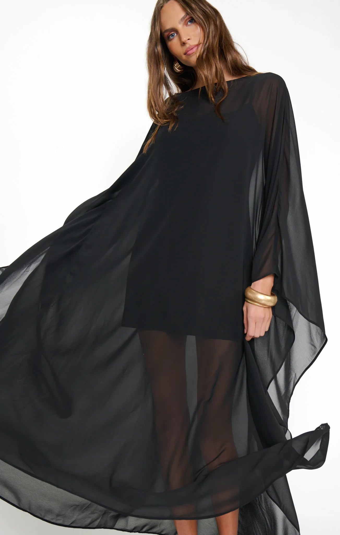 Elegant Flowy Boat Neck Long Sleeved Sheer Black Maxi Prom Dresses Gown