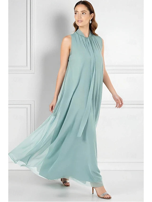 Elegant Flowy High Neck Sleeveless Draped Mint Green Floor-Length Prom Dress