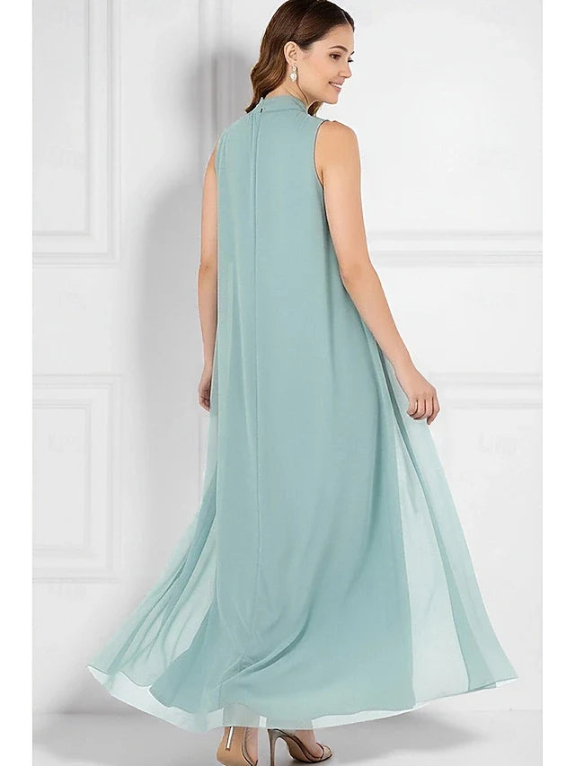 Elegant Flowy High Neck Sleeveless Draped Mint Green Floor-Length Prom Dress