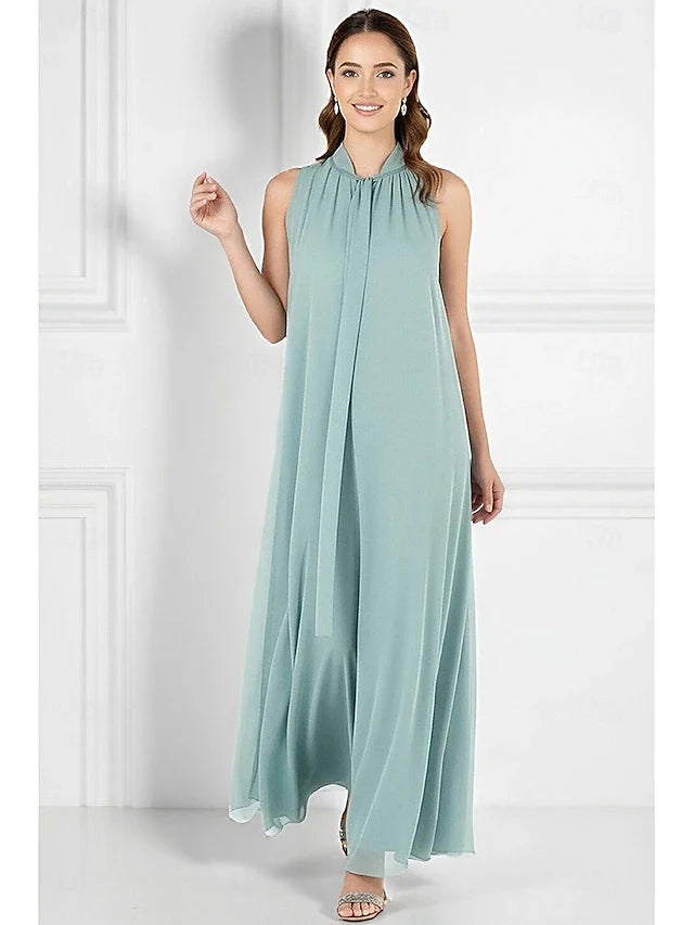 Elegant Flowy High Neck Sleeveless Draped Mint Green Floor-Length Prom Dress