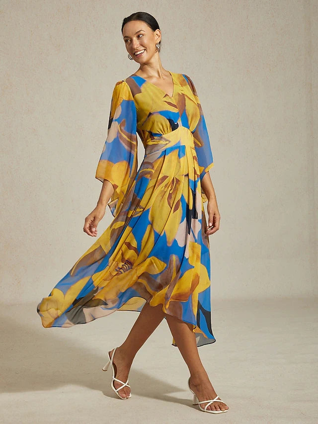 Elegant Flowy V-Neck Long Sleeve Vibrant Floral Midi Prom Dress