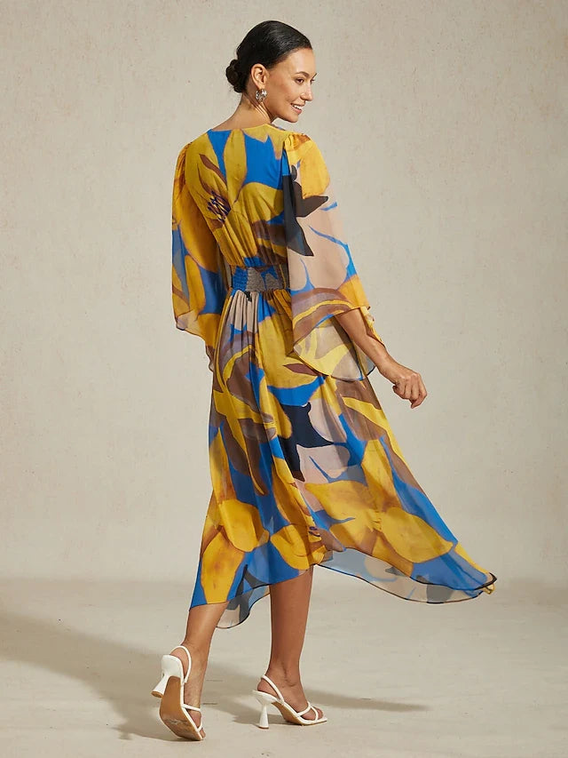 Elegant Flowy V-Neck Long Sleeve Vibrant Floral Midi Prom Dress