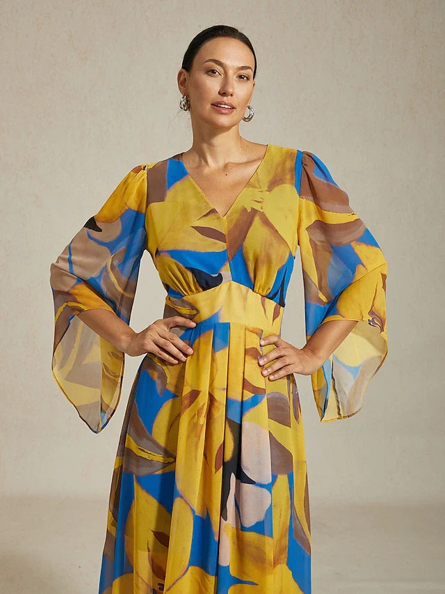 Elegant Flowy V-Neck Long Sleeve Vibrant Floral Midi Prom Dress