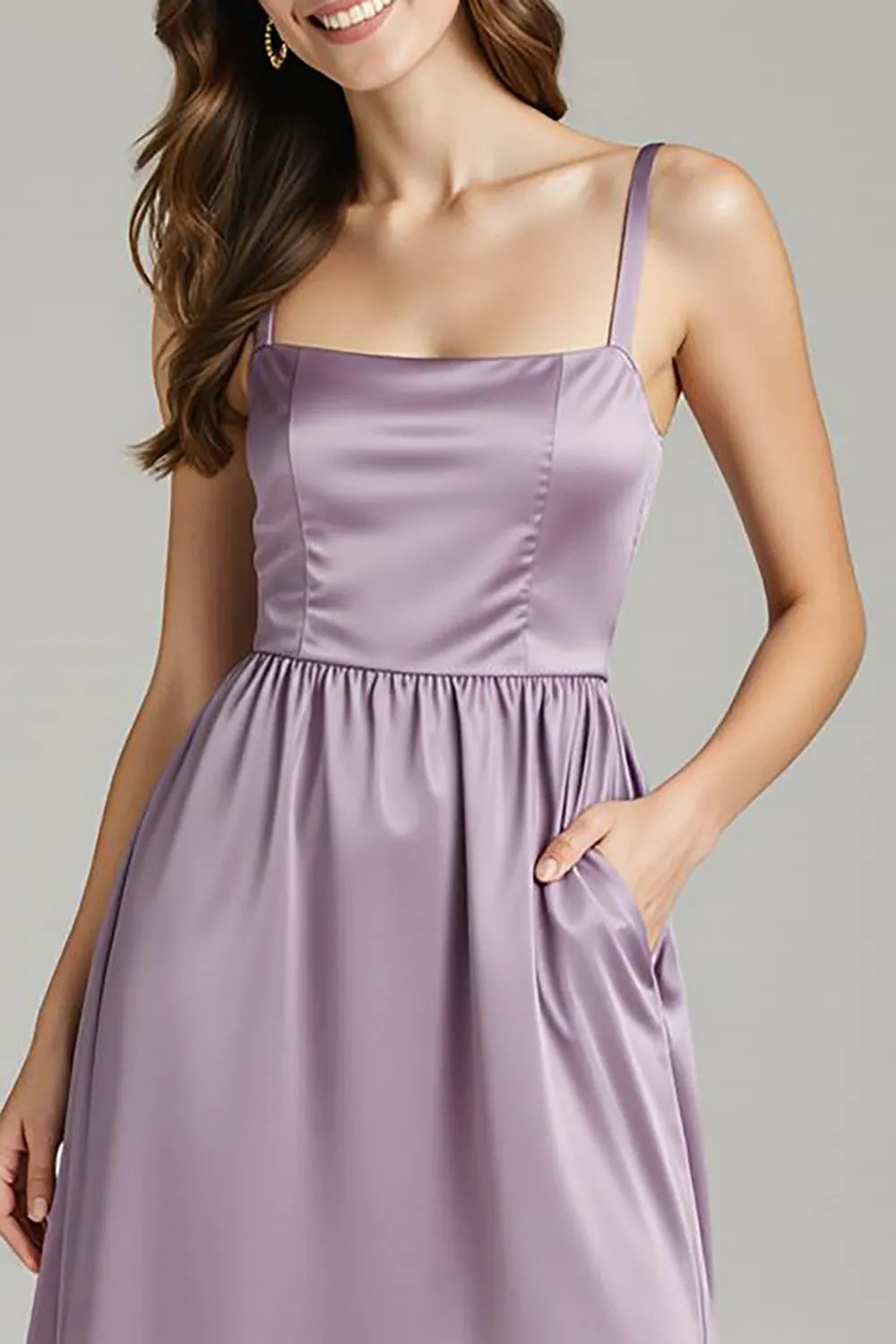 Elegant Light Purple A-Line Square Neck Spaghetti Straps Satin Back Zip Ankle-Length Prom Dresses