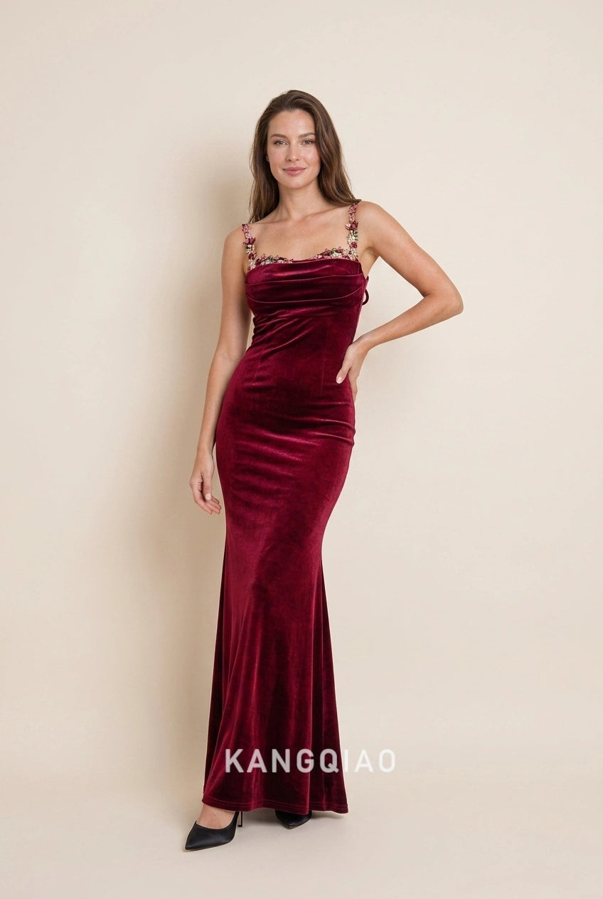 Elegant Mermaid Cowl Neck Embellished Straps Open Back Burgundy Floor-Length Prom Dresses