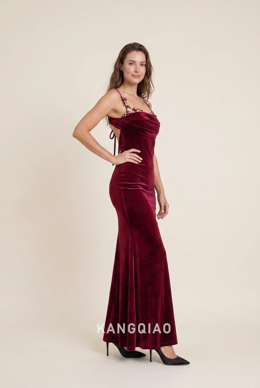 Elegant Mermaid Cowl Neck Embellished Straps Open Back Burgundy Floor-Length Prom Dresses