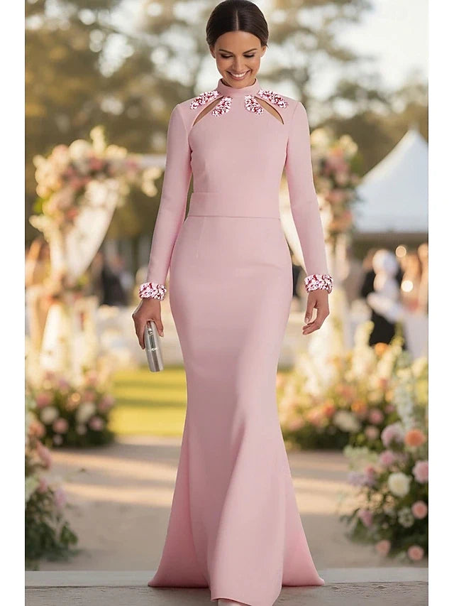 Elegant Mermaid High Neck Long Sleeve Beaded Pink Floor-Length Prom Gown