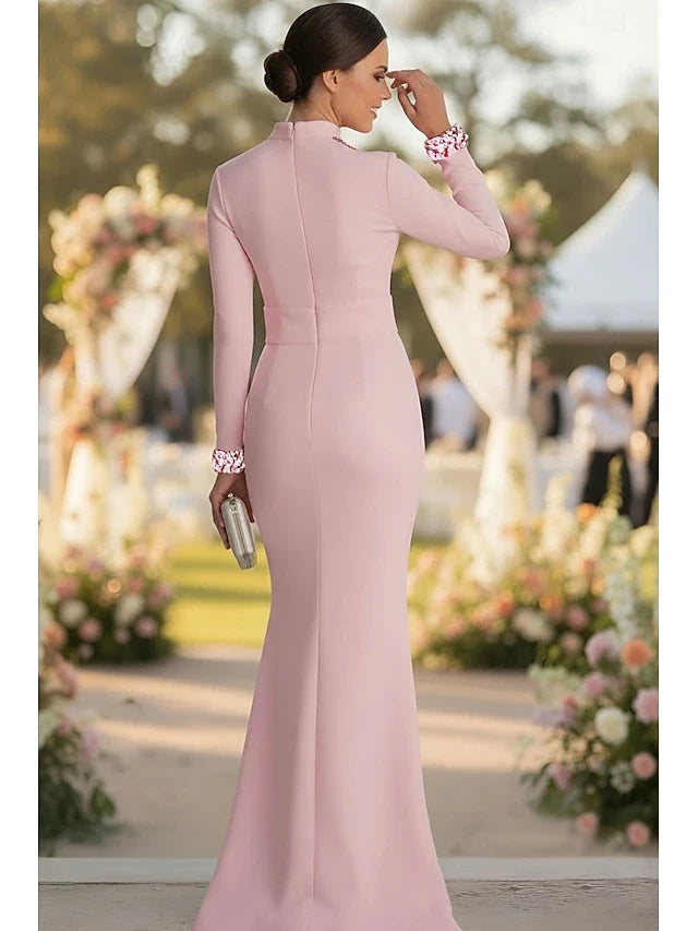 Elegant Mermaid High Neck Long Sleeve Beaded Pink Floor-Length Prom Gown