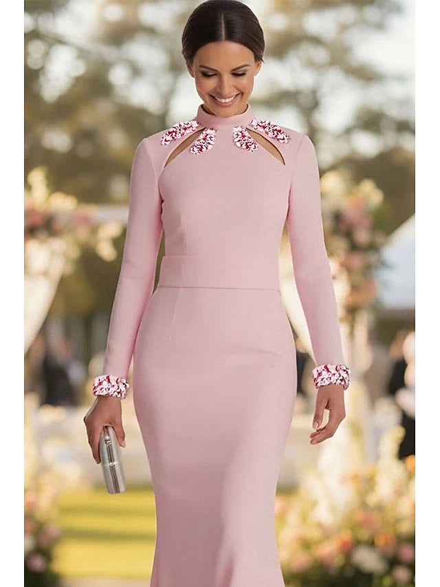 Elegant Mermaid High Neck Long Sleeve Beaded Pink Floor-Length Prom Gown