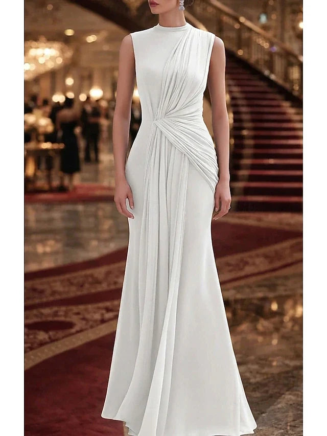 Elegant Mermaid High Neck Sleeveless Draped Glamorous White Floor-Length Prom Dress