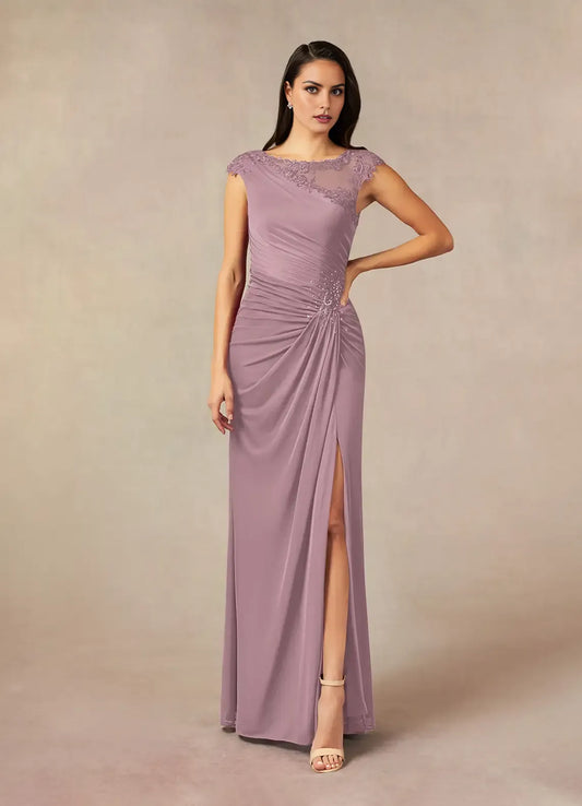 Elegant Mermaid Lace Boat neck Cap Sleeves Illusion Back Zip Floor-Length Side Leg Slit  Mother of the Bride Dress hot sale