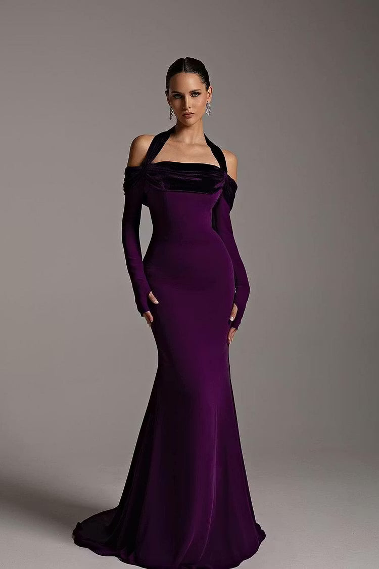 Elegant Mermaid Off-Shoulder Long Sleeve Draped Deep Purple Floor-Length Prom Gown