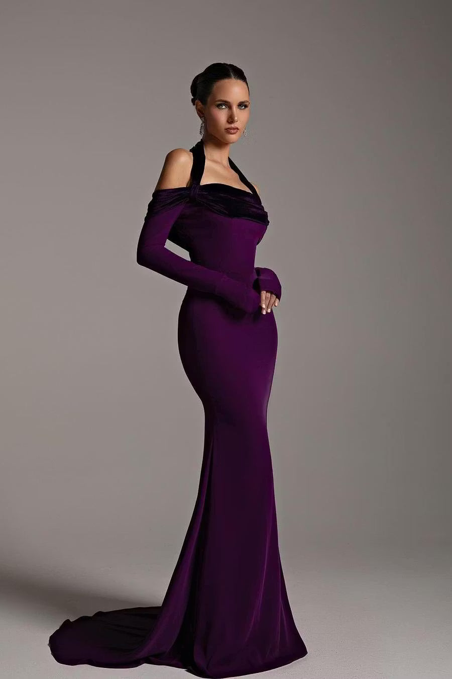 Elegant Mermaid Off-Shoulder Long Sleeve Draped Deep Purple Floor-Length Prom Gown