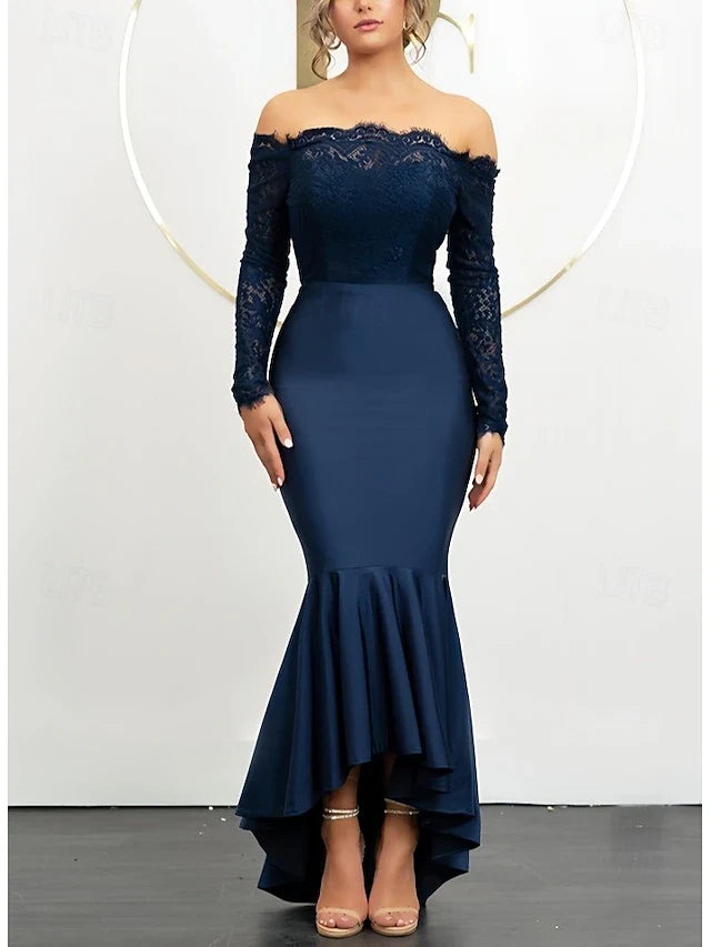 Elegant Mermaid Off-Shoulder Long Sleeve Lace Ruffled Navy Blue High-Low Prom Dress