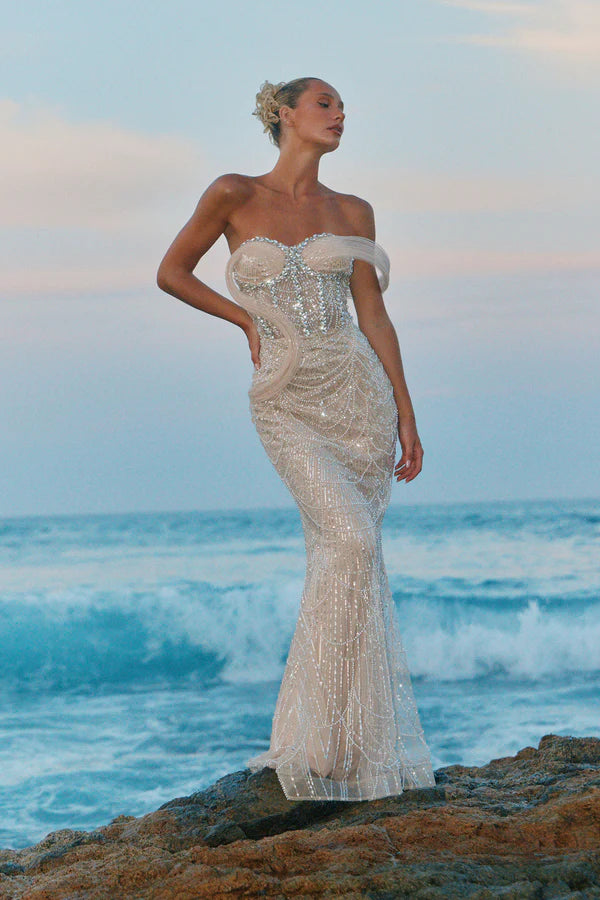 Elegant Mermaid Off-Shoulder Sequin Corset Nude Floor-Length Prom Gown