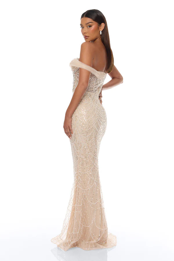 Elegant Mermaid Off-Shoulder Sequin Corset Nude Floor-Length Prom Gown